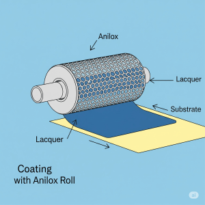 انیلوکس (Anilox Roll) در این سیستم از یک غلتک با سطح سلولی (شبیه لانه زنبوری) برای انتقال حجم دقیق و کنترلشدهای از لاک به سطح استفاده میشود. این روش که اساس چاپ فلکسوگرافی است، برای کنترل ضخامت پوشش بسیار کارآمد است.