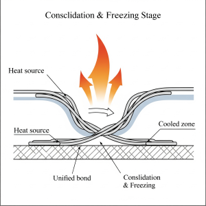 . مرحله سوم: انجماد و تثبیت (Consolidation & Freezing) با سرد شدن محل اتصال، زنجیرههای پلیمری به سرعت تحرک خود را از دست میدهند و در جای خود "منجمد" میشوند. این فرآیند، ساختار درهمتنیدهای که در مرحله قبل ایجاد شده بود را در جای خود قفل میکند و یک اتصال یکپارچه و مستحکم به وجود میآورد. استحکام نهایی اتصال، حاصل ترکیبی از این چسبندگی در مرز دو لایه (Adhesion) و انسجام داخلی خود بایندر (Cohesion) است.