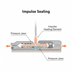 سیل انبساطی (Impulse Sealing) در این سیستم، یک المنت حرارتی به صورت لحظهای (Impulse) داغ شده و حرارت را به لایهها منتقل میکند و بلافاصله سرد میشود. این فرآیند در حالی که لایهها تحت فشار هستند، یک اتصال تمیز و محکم ایجاد میکند.