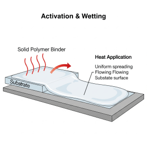 مرحله اول: فعالسازی و تَرشوندگی (Activation & Wetting) با اعمال حرارت، زنجیرههای پلیمری در بایندر انرژی کافی برای عبور از دمای انتقال شیشهای (Tg) خود را به دست میآورند. در نتیجه، پلیمر از حالت سخت و شکننده به حالتی نرم و روان (لاستیکی) تغییر فاز میدهد3. این امر به پوشش اجازه میدهد تا مانند یک مایع غلیظ جریان یابد و تمامی پستی و بلندیهای میکروسکوپی سطح زیرین (مانند فویل آلومینیوم) را بپوشاند و آن را کاملاً "خیس" کند.
